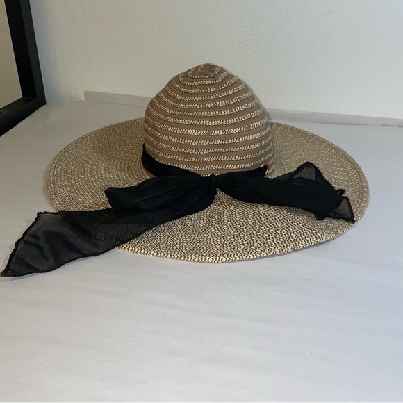 Straw Floppy Sun Hat with Black Bow Sash Detail - Picture 1 of 5